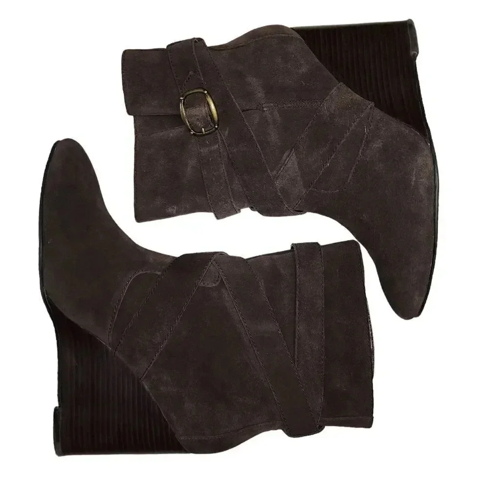 Colin Stuart Women Brown Leather Suede Belt Loop Booties Wedge Heel Size 8 B